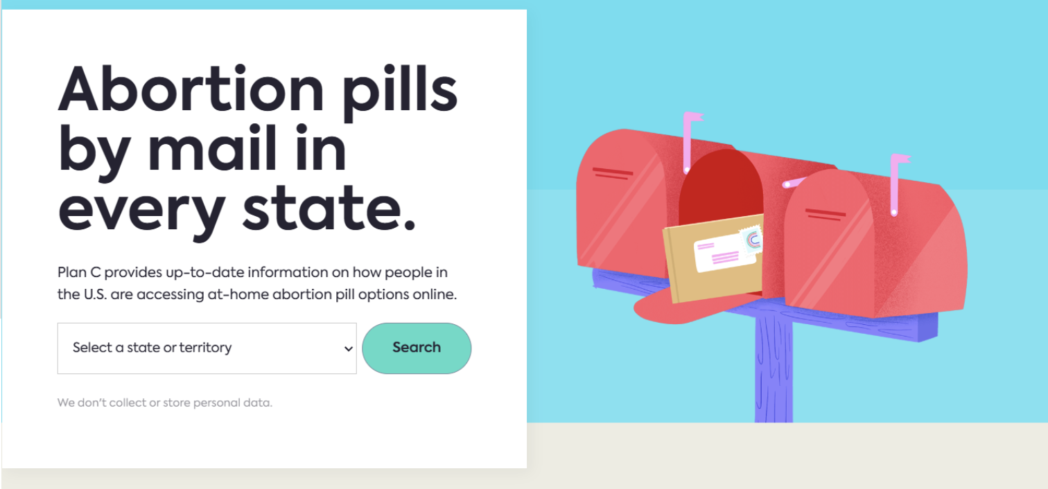 Illustration showing abortion pills by mail in every state with red mailboxes and a search tool for at-home abortion pill options.