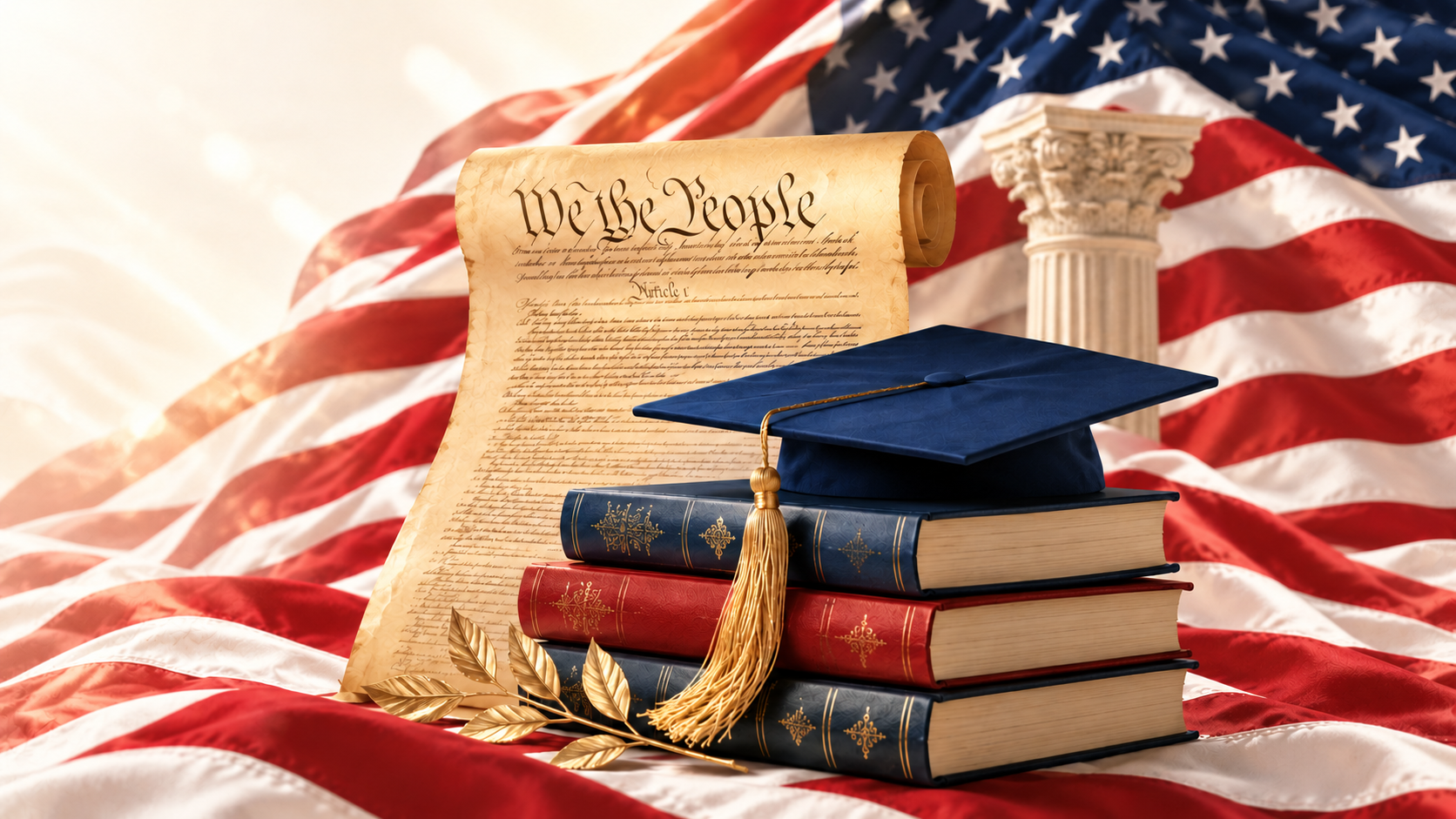 A U.S. Constitution document with a quill, ink bottle, and American flag, symbolizing the founding principles supported by FFROA.